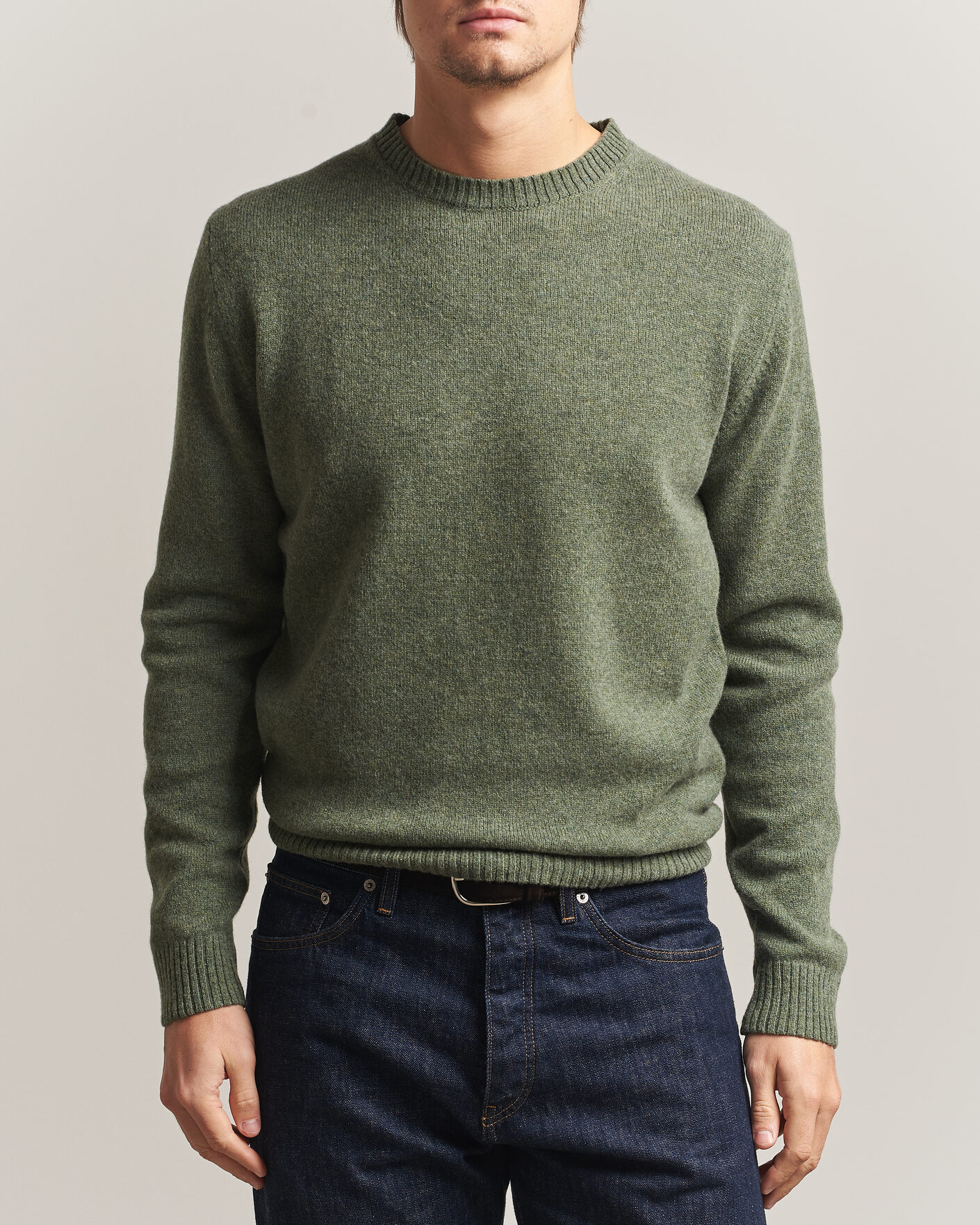Mies | Puserot | Stenströms | Knitted Lambswool Crew Neck Light Army Green Melange
