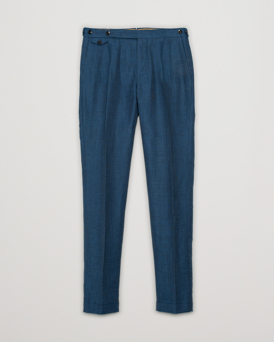 Mies | PT01 Slim Fit Pleated Linen Blend Trousers Dark Blue | Pre-owned | PT01 Slim Fit Pleated Linen Blend Trousers Dark Blue