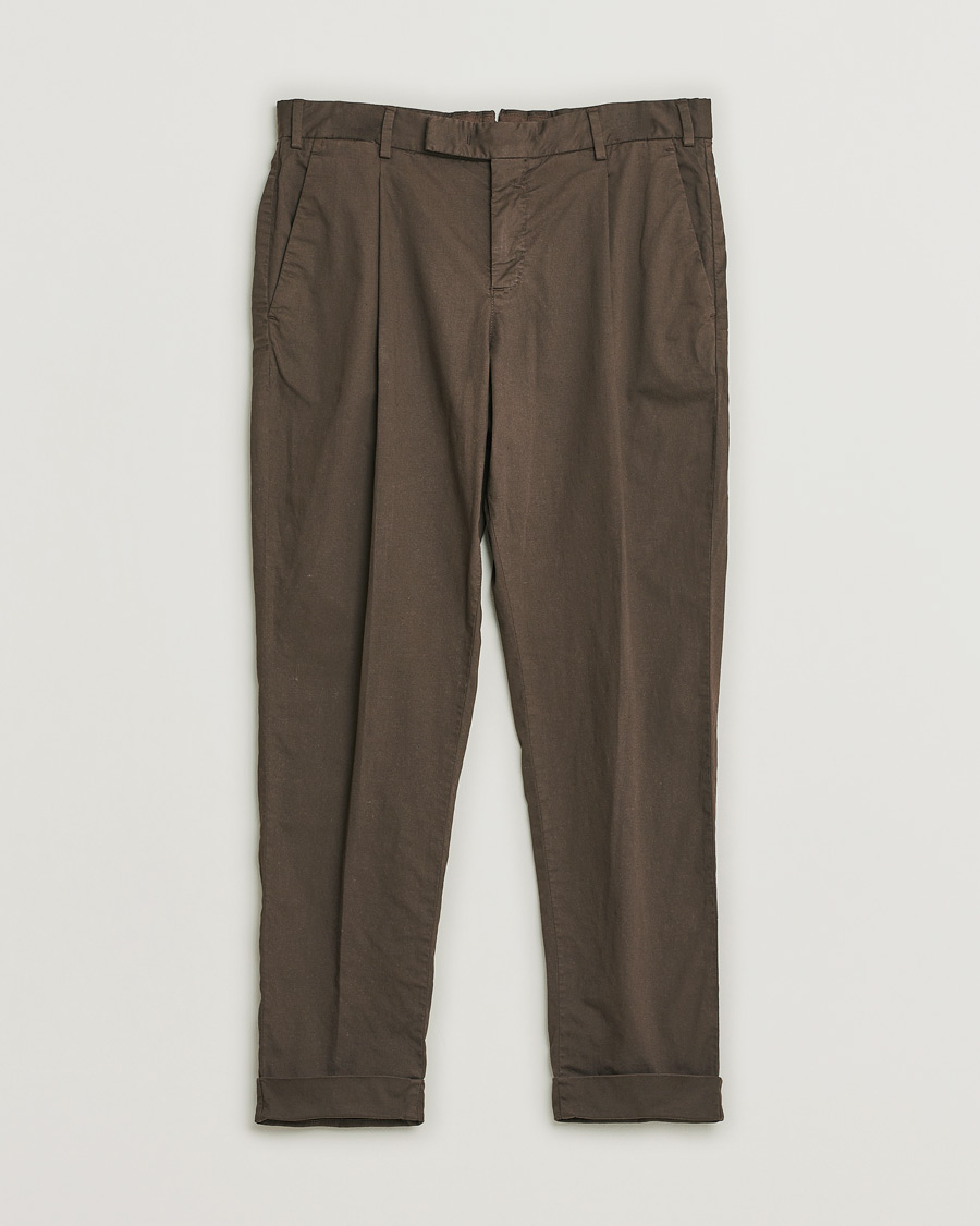 Mies | PT01 Slim Fit Pleated Linen Blend Trousers Chocolate | Pre-owned | PT01 Slim Fit Pleated Linen Blend Trousers Chocolate